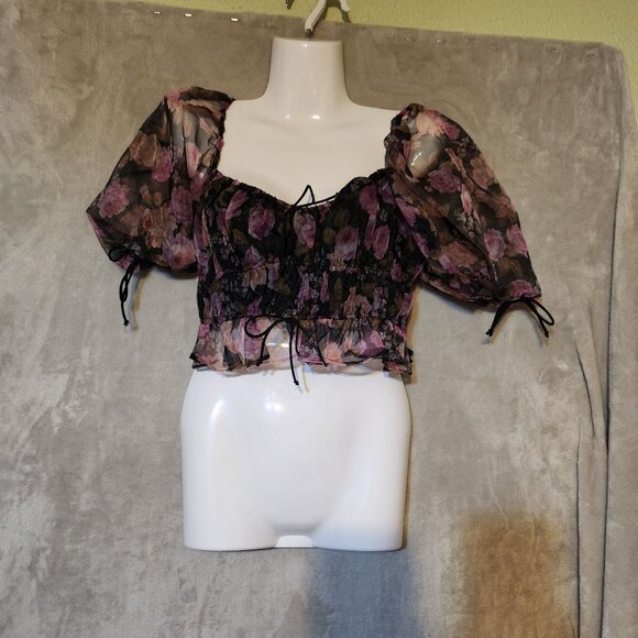 For Love & Lemons Sunshine‎ Sheer Floral Puff Sleeve Crop Top Drawstring Detail - Picture 3 of 7